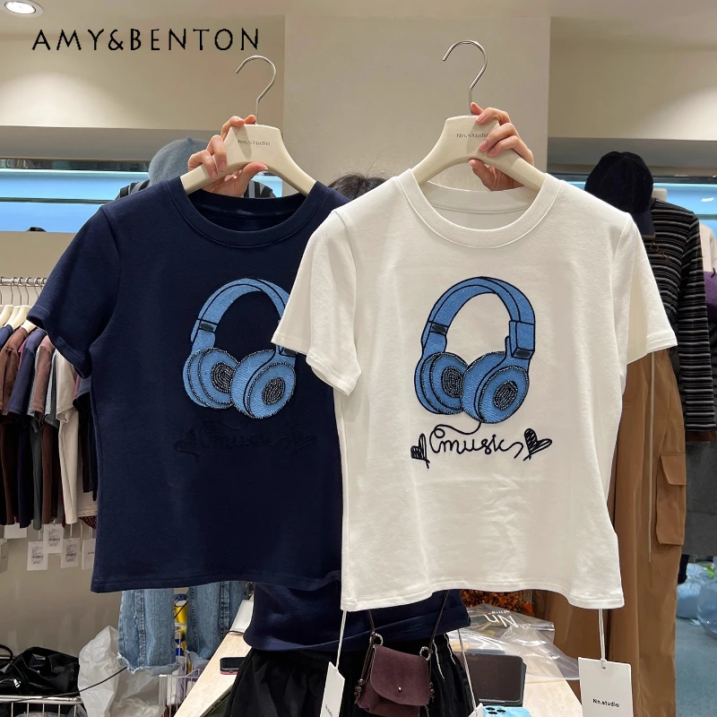 

Матовая футболка с короткими рукавами, толстый стиль, осень-зима, расшитый бисером узор для наушников, облегающие короткие футболки для горячих девушек