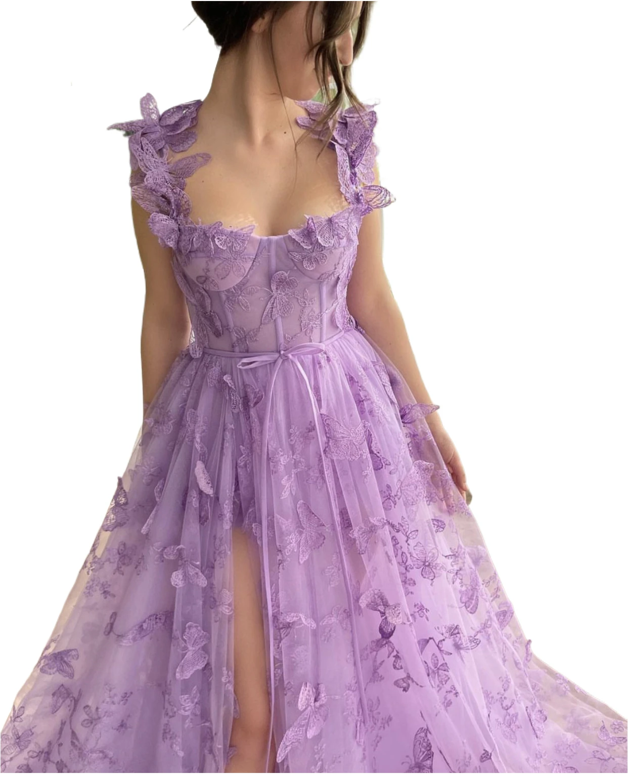 

Forest Fairy Evening Gown: Lace Mesh Modest Dress w/ Thigh High Slit