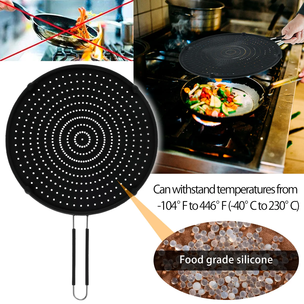 Kitchen Silicone Splatter Screen Foldable Handle Heat-resisting Oil Splash Guard Drain Board Cover Frying Pan Lid Cooking Tools