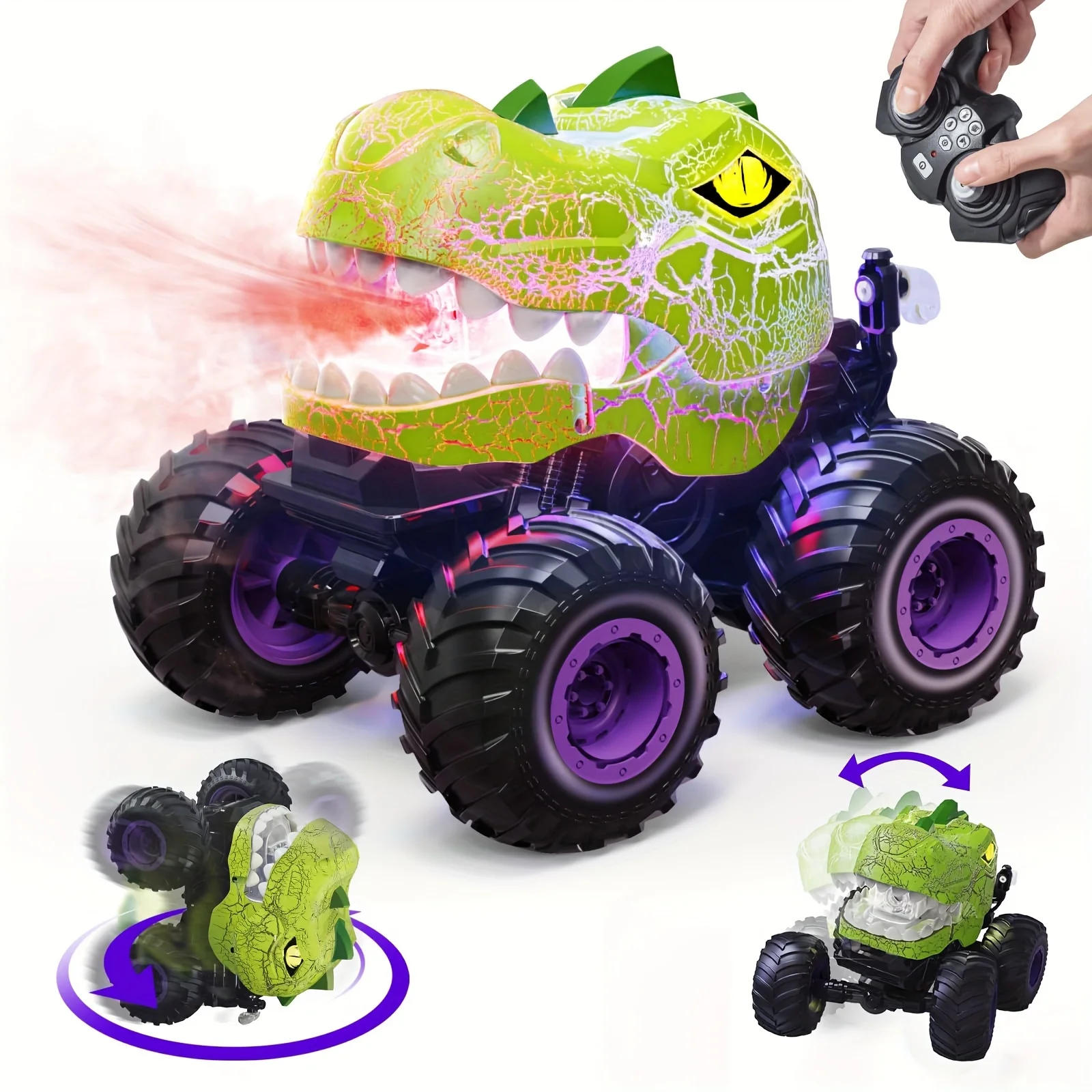 Dinosaur Remote Control Car, 360° Rotating RC Stunt Car Dinosaur Monster Truck Toys With Spray, Light & Sound, 2.4GHz All Terrai