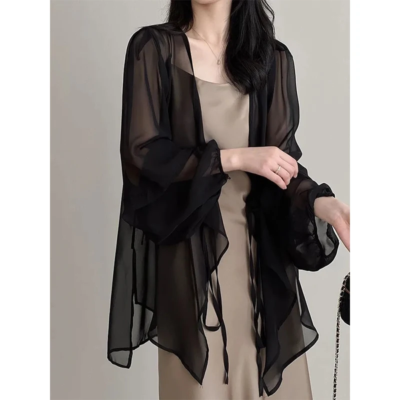 Elegant White Chiffon Shirts Women Fashion V Neck Long Sleeve Blouses Summer Ladies Korean Black Bandage Sun Protection Tops New