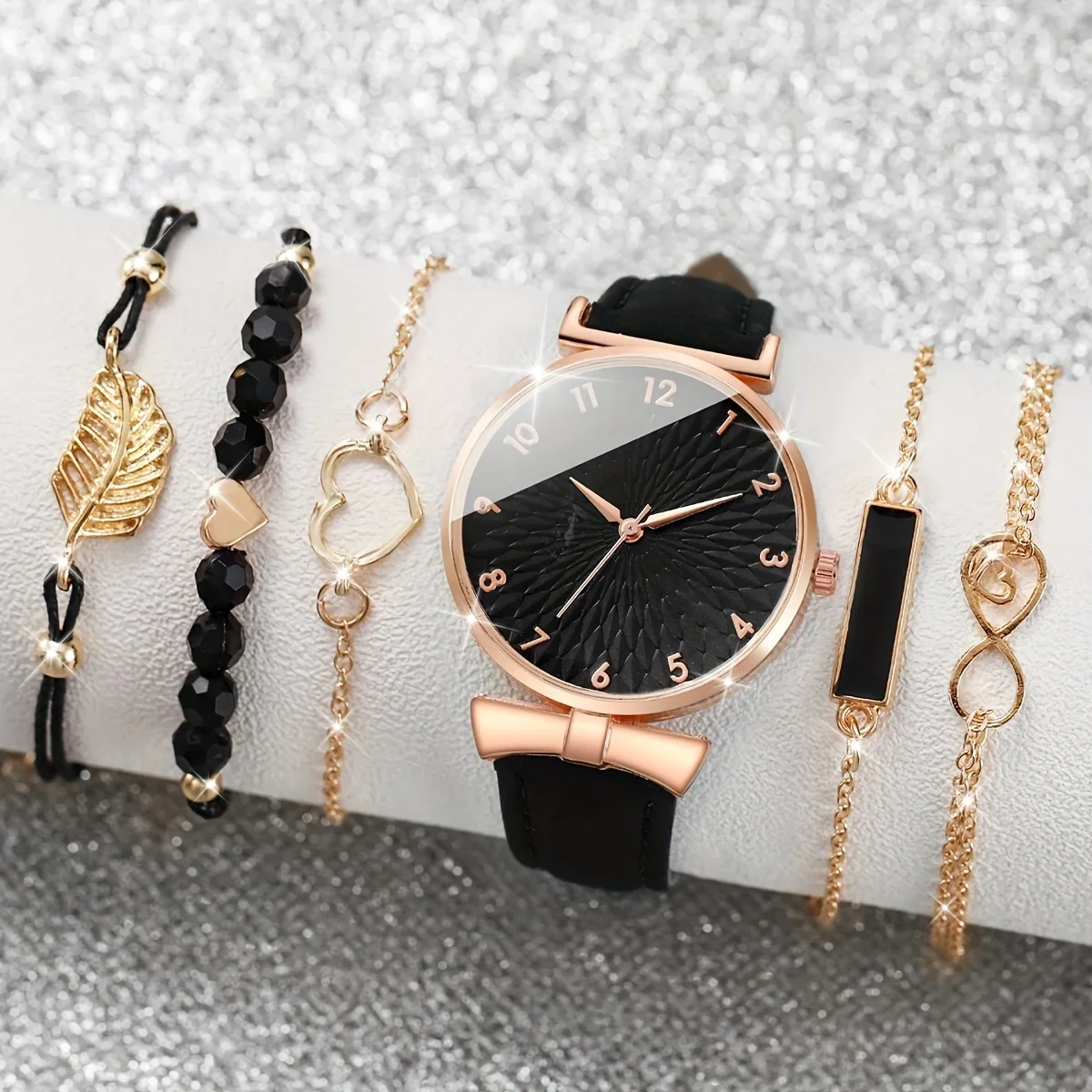 6 pçs/set relógio feminino casual ponteiro redondo relógio de quartzo analógico couro do plutônio relógio de pulso & coração folha pulseiras, presente para a mãe dela