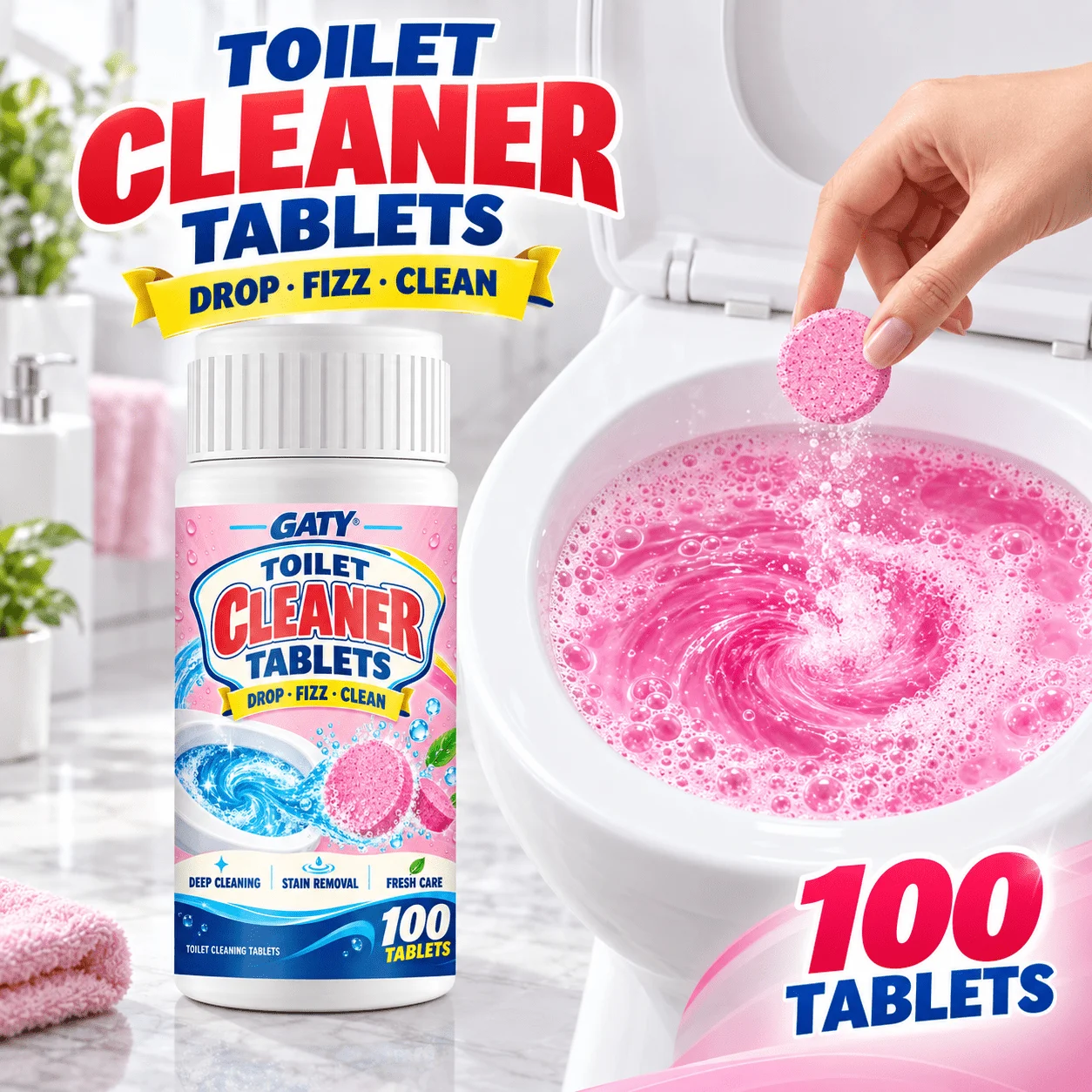 Toilet Bowl Cleaner Effervescent Tablets — Instant; Dissolves Urine Stains & Scale; Whitens & Deodorizes; for Bowl, Rim & Drain.