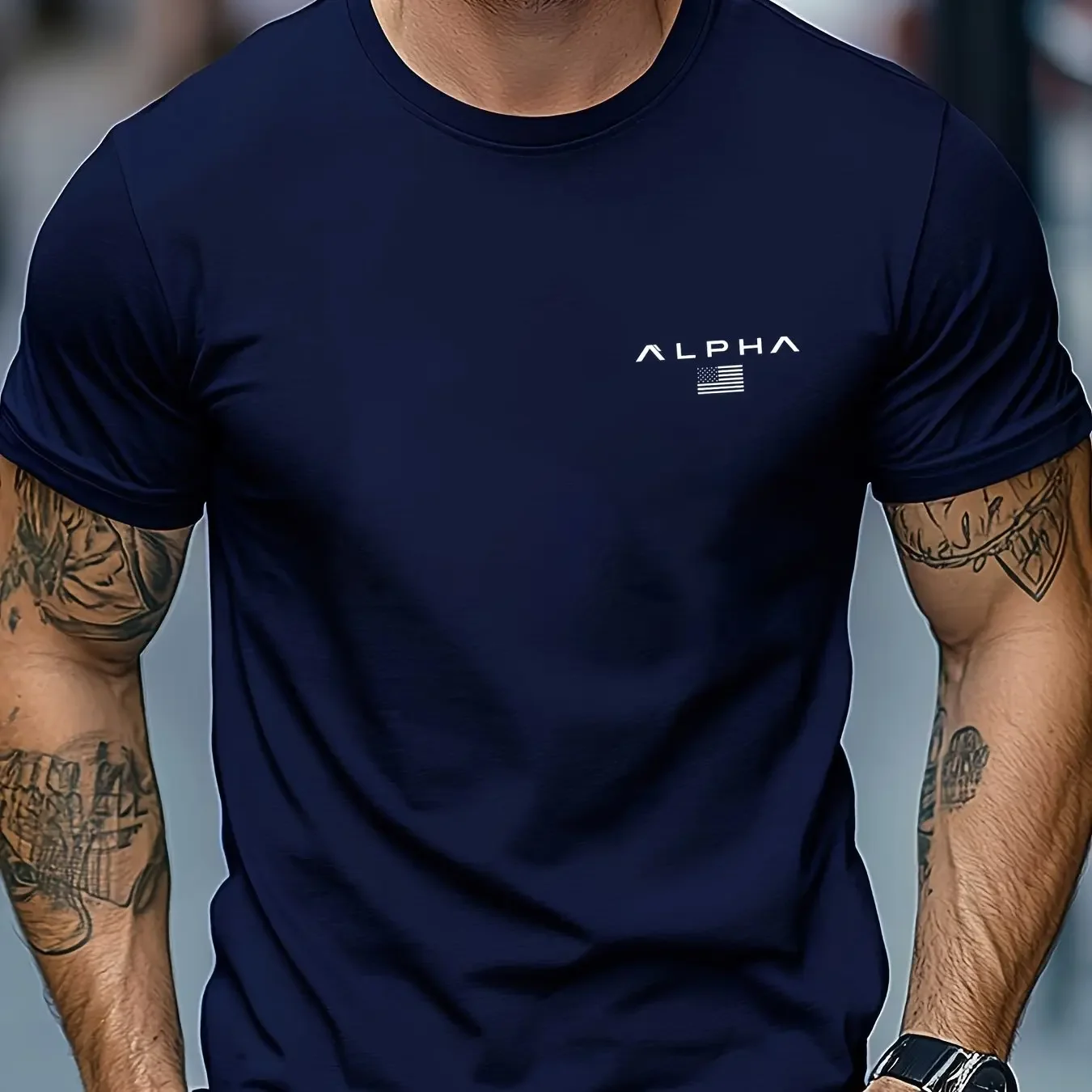 Image of Herren Einfaches ALPHA-Buchstaben-Grafik-T-Shirt Atmungsaktives Baumwoll-Kurzarm-Shirt für Alltägliche Freizeitkleidung