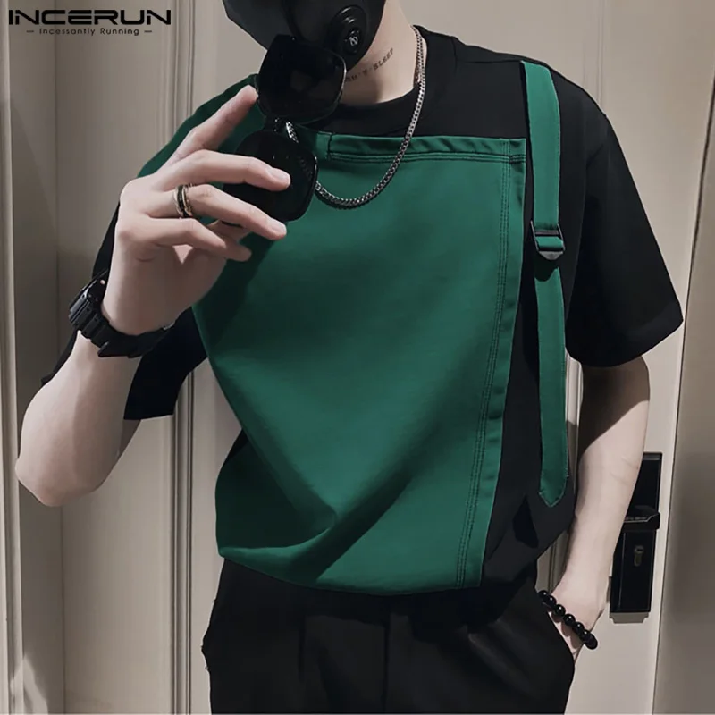 2024 Men T Shirt Patchwork O-neck Short Sleeve Streetwear Casual Men Clothing Loose Summer Fashion Male Tee Tops S-5XL INCERUN