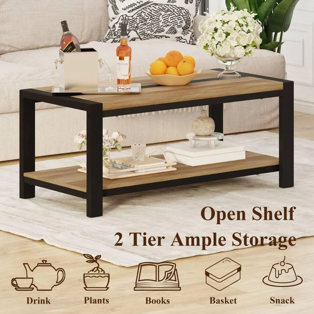 طاولة قهوة مقاس 43 بوصة، طاولات قهوة خشبية ومعدنية لغرفة المعيشة، طاولة غرفة معيشة مستطيلة، مركز مزرعة صغير