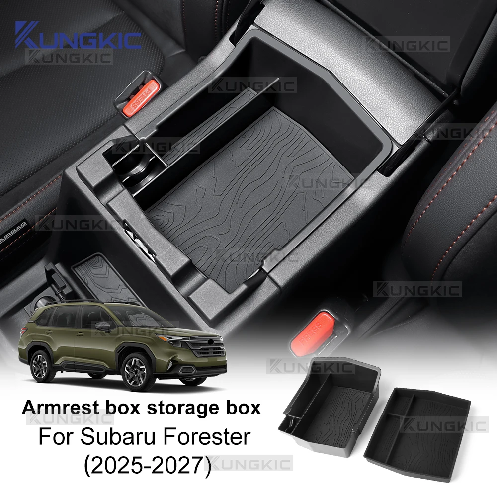 

﻿ KUNGKIC Для Subaru Forester 2025 2026 2027 LHD RHD: Органайзер-подлокотник для автомобиля, центральная консоль, ящик для хранения с силиконовым ковриком