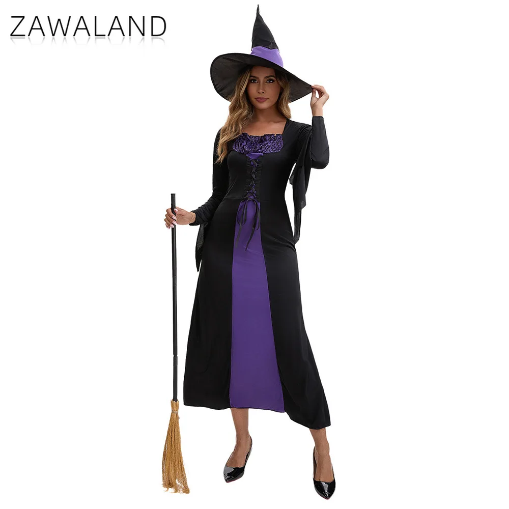 

Halloween Witch Cosplay Costume Carnival Party Performese Clothes Black and Purple Long Dress With Hat Women Square Neck Outfits