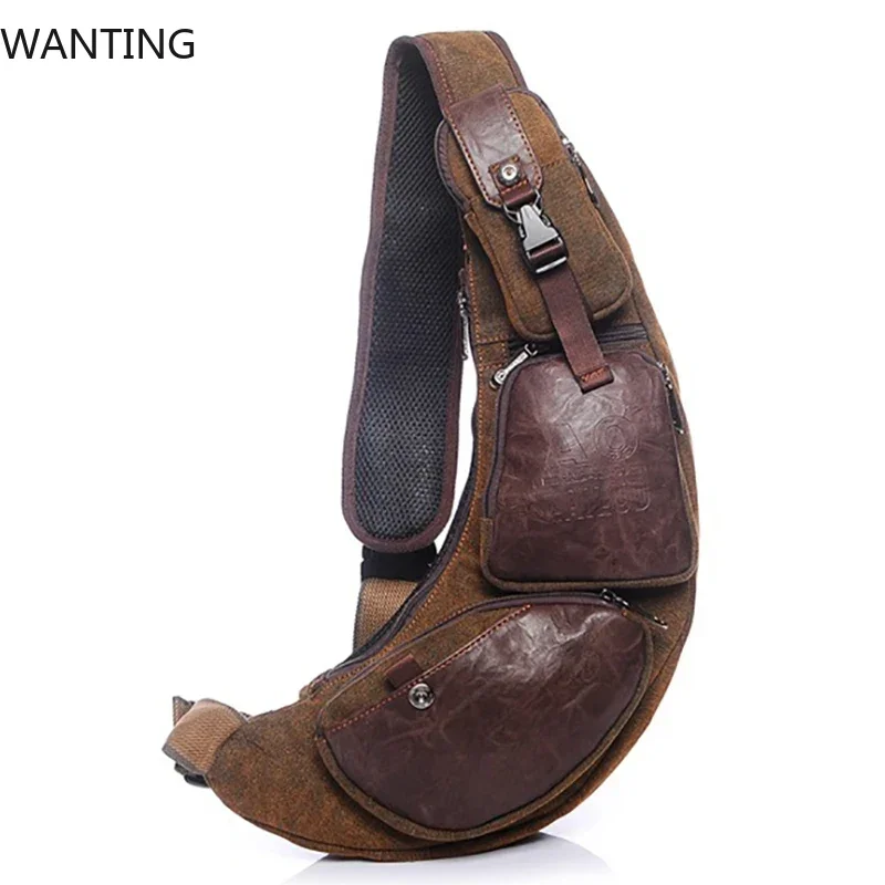 

Men Cross Body Sling Chest Backpack Bag Half Moon Riding Vintage Canvas Trend Travel Climb Hiking Male Shoulder Messenger Bags