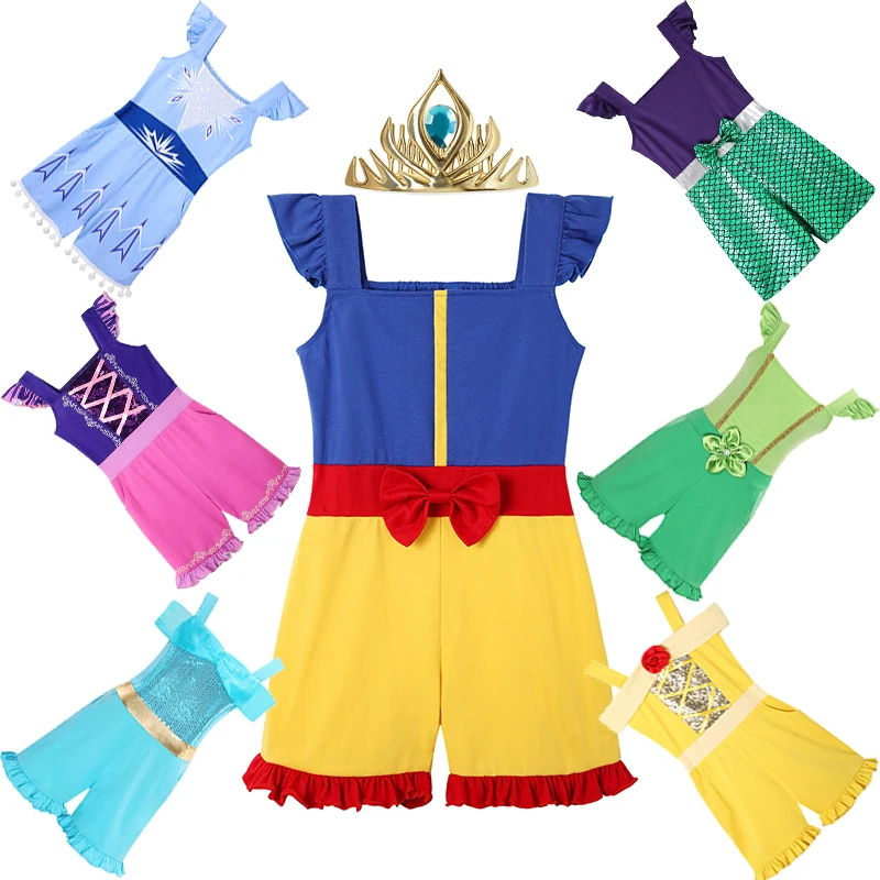 

2024 Girls Summer Jumpsuits Princess Style Jumpsuits Snow White Casual Jumpsuits Children Cute Comfortable Clothings 2-10 Years