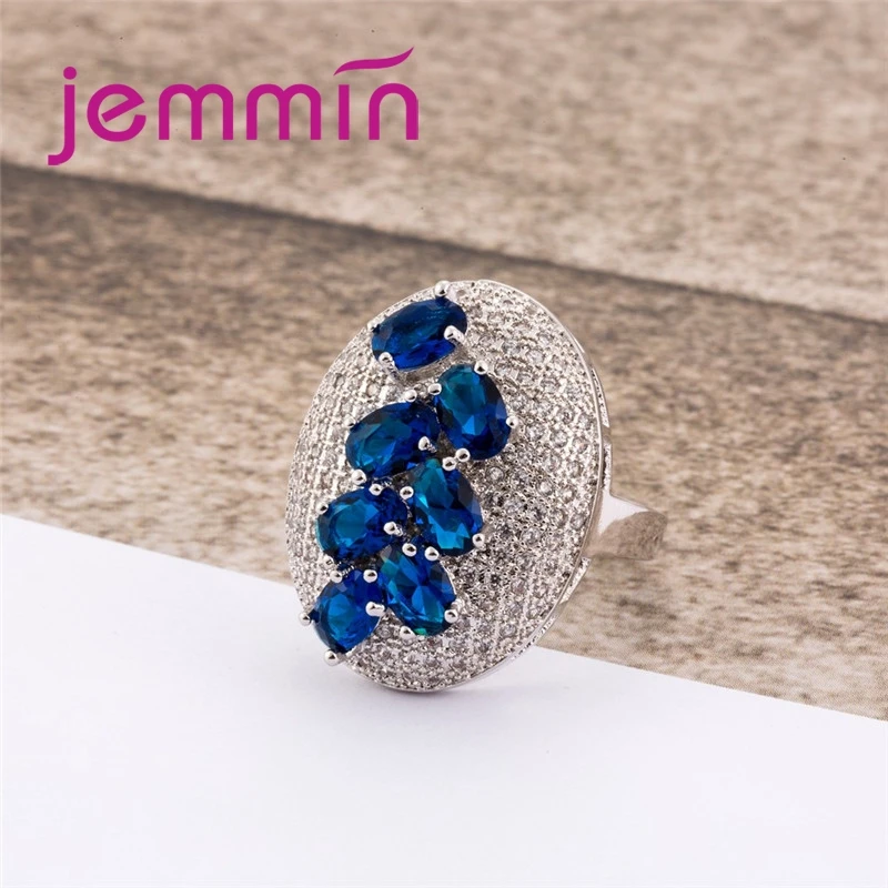 Oval Blue Crystal Full CZ 925 Sterling Silver Wedding Ring Elegant Generous Round Geometric Ornaments Women Jewelry