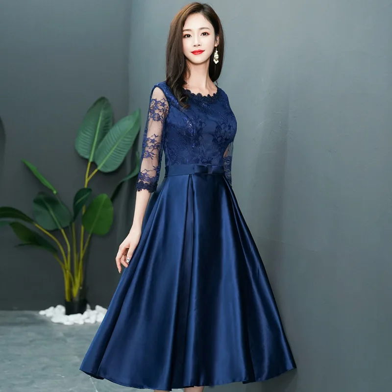 2022 New Medium Long Banquet Dress Slim Lace Half Sleeve Dresses Navy Blue Evening Dress nigh club party vestidos mujer S-2XL