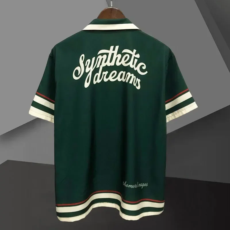 

Green Contrasting Color Retroletter Print Shirt Short Sleeve Casual Men Shirt Streetwear Camisa Masculina Shirt Moda Hombre