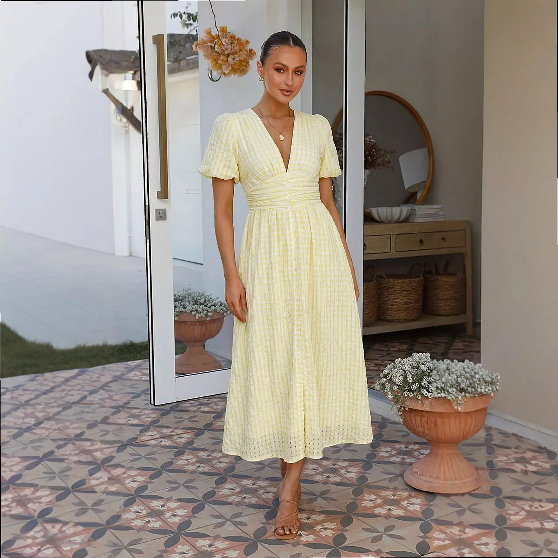 Cross-border European and American 2024 women's clothing new solid color V-neck long bubble sleeves super pendulum thin dress
