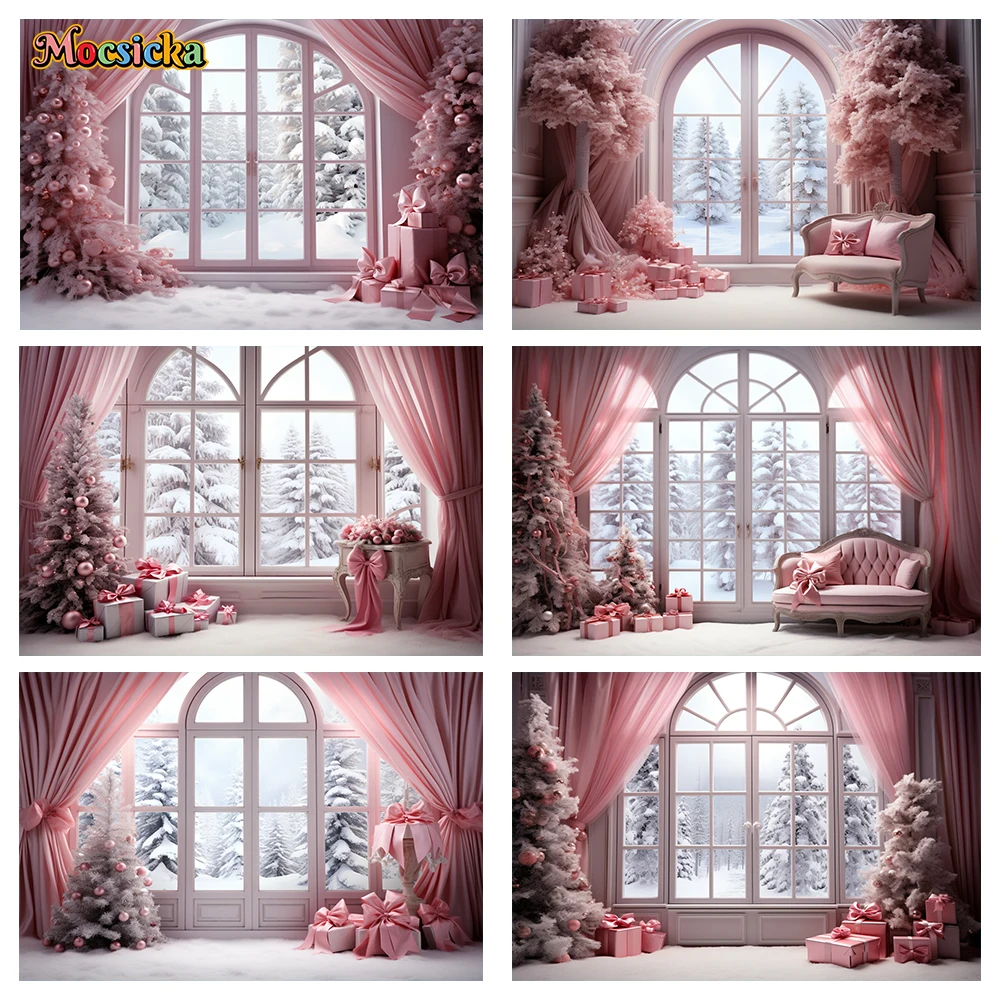 

Mocsicka Winter Christmas Photography Background Pink Theme Gifts Xmas Tree Holiday Party Family Adult Photo Backdrops Studio