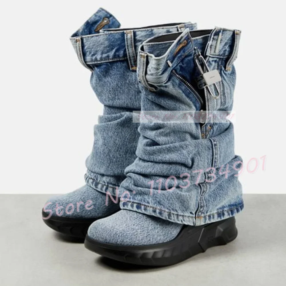 Metal Lock Denim Foldover Boots Ladies Mid Calf Round Toe Thick Sole Platform Shoes Women Zipper Nifty Trendy Large Size Boots