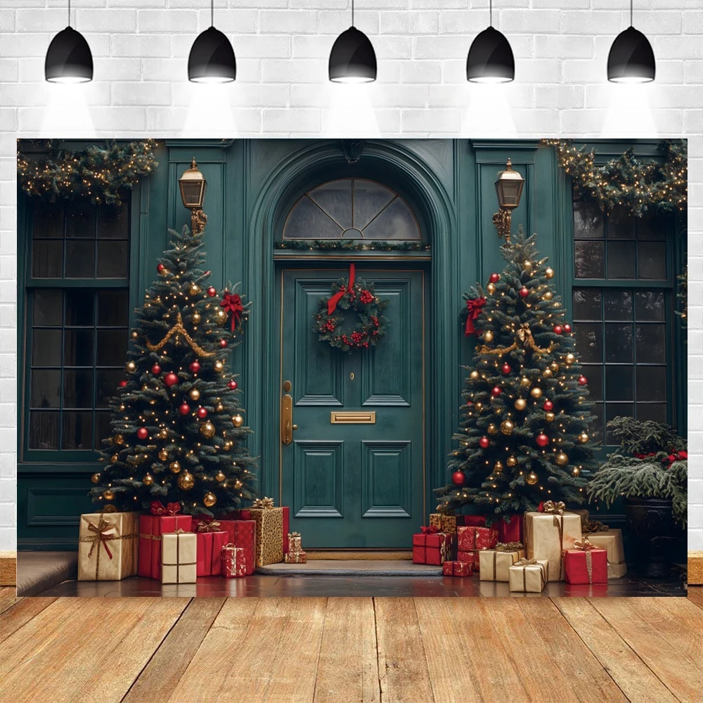 Merry Christmas Backdrop Photography Green Wall Xmas Tree Gifts Bell Baby Photo Photographic Family Party Decor Background Props