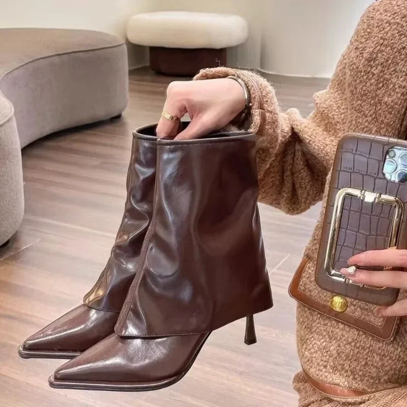 

Ankle Boots Women Black Beige Brown Microfiber Leather Women Short Boots Pointed Toe Stiletto High Heel Winter Ladies Boots