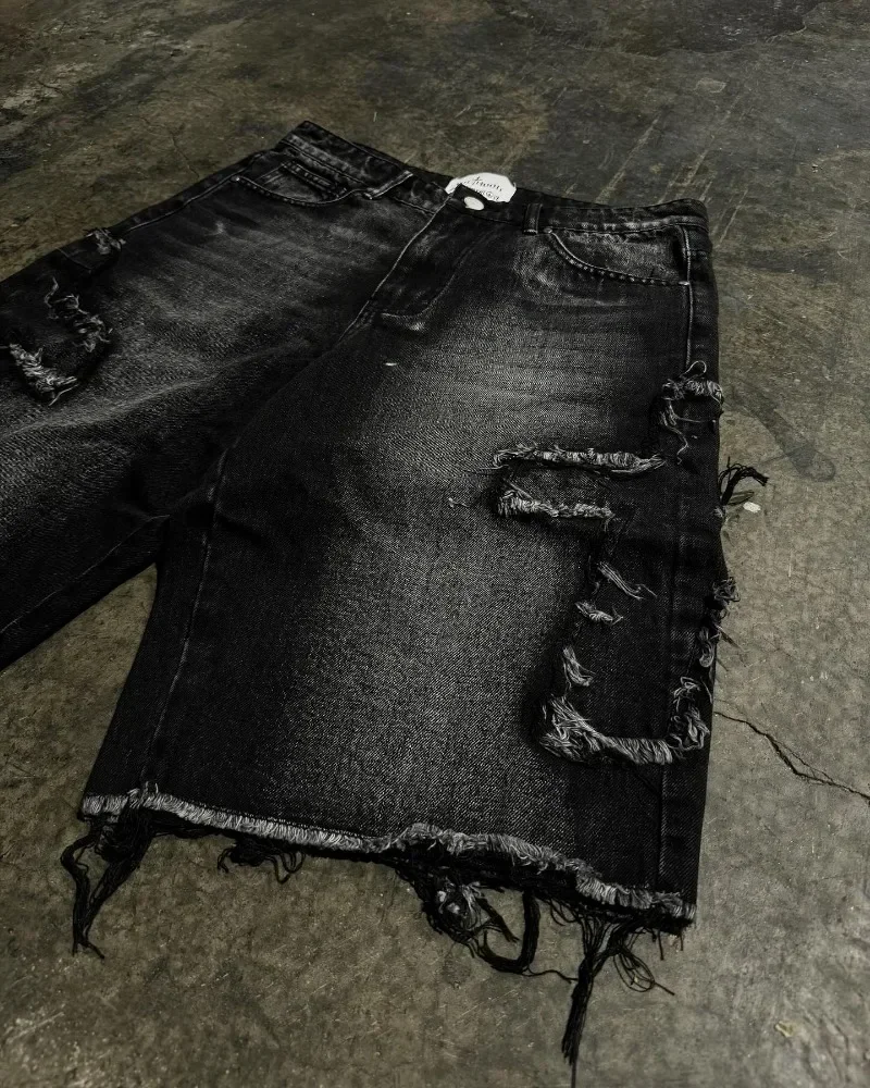 Shorts jeans grandes com borda crua para homens, moletom angustiado, design hip-hop, moletom lavado, alta qualidade, verão, Y2K