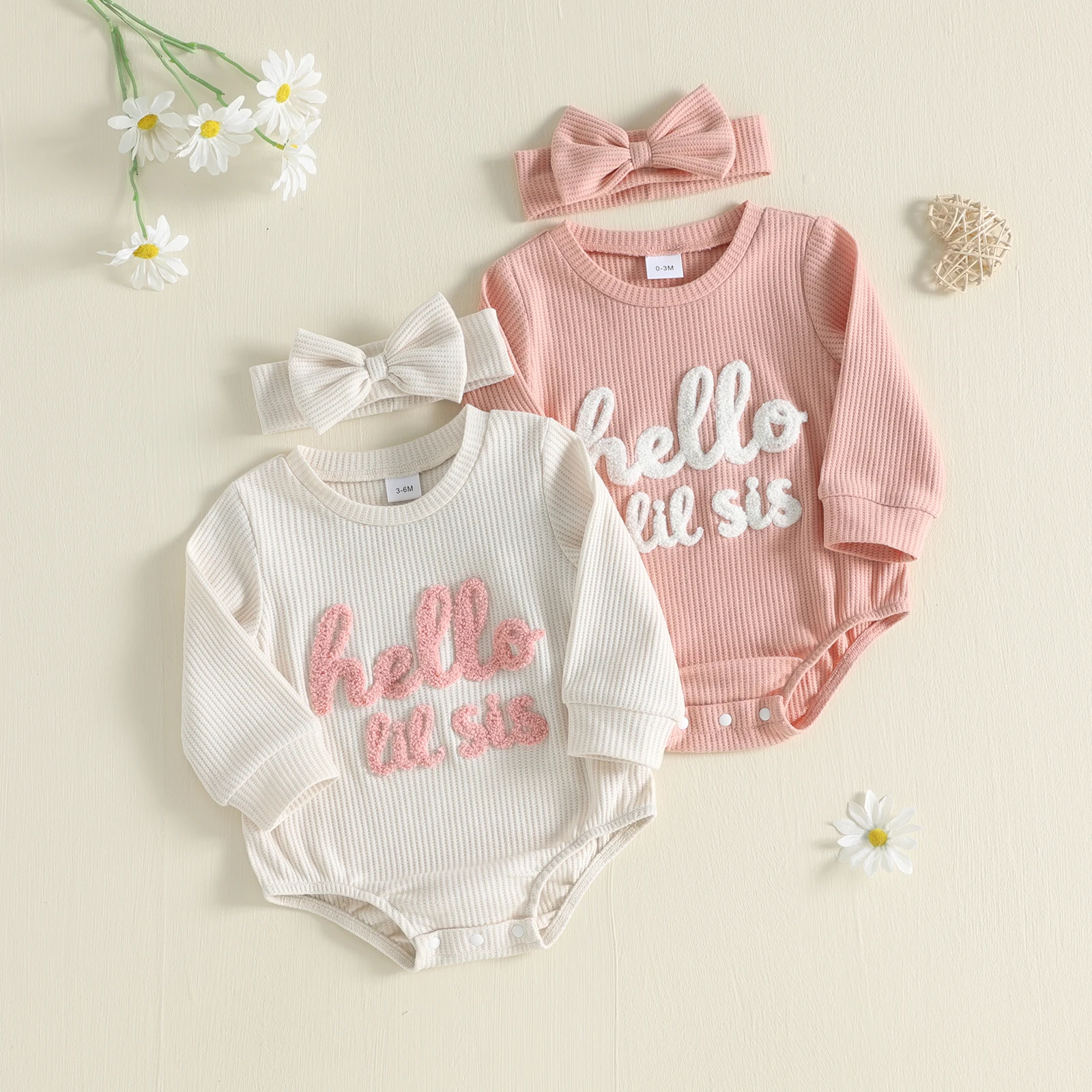 Newborn Girl Fall Waffle Bodysuits Outfit Long Sleeve Crew Neck Letters Romper with Hairband