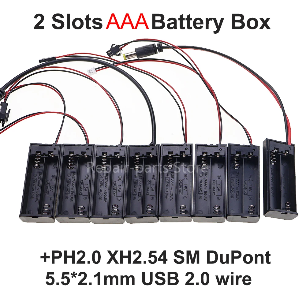 2 Slots Battery Storage Case AAA Battery Holder Box  With Switch & Cover & PH2.0 XH2.54 DC5.5X2.1 USB2.0 DuPont Terminal Wire