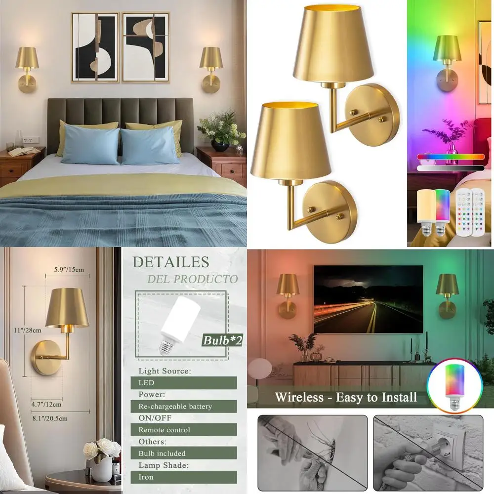

Pair of 11 Gold Wireless Wall Sconces with RGB Rechargeable Bulbs, Remote Control, Suitable for Home Decor