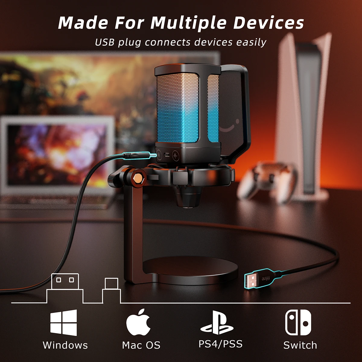 ميكروفون USB للألعاب من AmpliGame مع خاصية إلغاء الضوضاء، وميكروفون RGB مع كتم صوت سريع، ومقبض Gain للبث، والكمبيوتر الشخصي، والكمبيوتر المحمول، وPS4/5، Mobile-Q6 #6