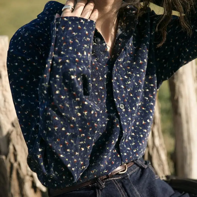 

Thick Corduroy Floral Shirt Woman's Retro Hong Kong Style Shirt 2024 New Spring Autumn Winter Long Sleeved Chic Top OL Casual