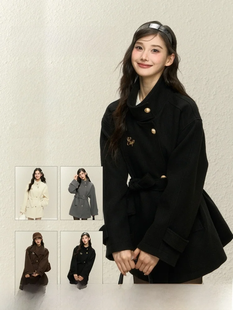 

ELEVEN SP Bla Woolen Coat Women's Small Size Beautiful Deep Winter Mid-Length Korean Sle Casual Commute Daily Wear