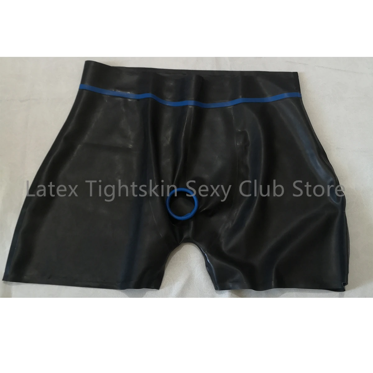 Sexy Man Latex Panties with Front Ring Hole Black with Blue Trim Shorts Rubber Boxer Underwear Fetish Handmade