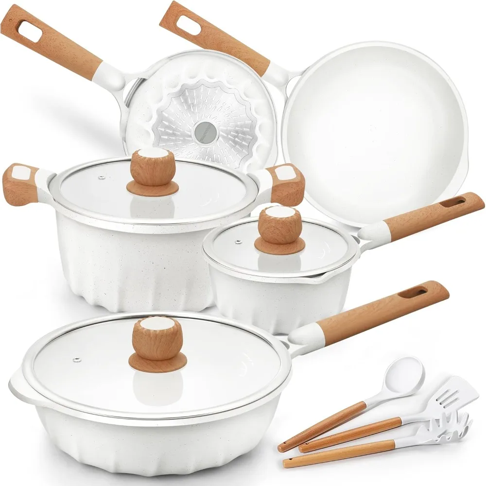 

Set Non Toxic 100% PFOA Free Induction Pots and Pans Sets with Glass Lid 13 Piece (White)