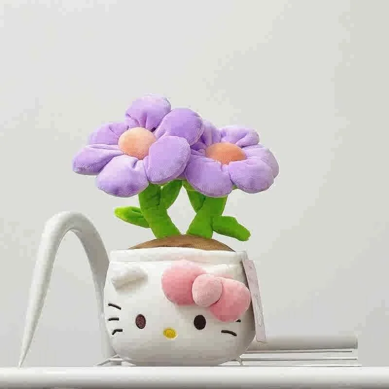 Original With Tag Hello Kitty Flower Plush Toy Cartoon Potted Plant Doll Kitty Cat Plushies Desktop Home Decor Gifts Girl Yellow