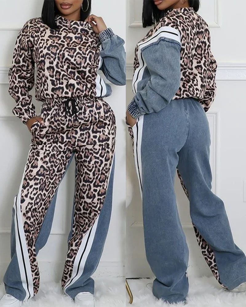 

Two Piece Set Women Outfit 2025 Spring Leopard Pattern Stripe Print Long Sleeve Pullover & Casual Drawstring Denim Pants Set