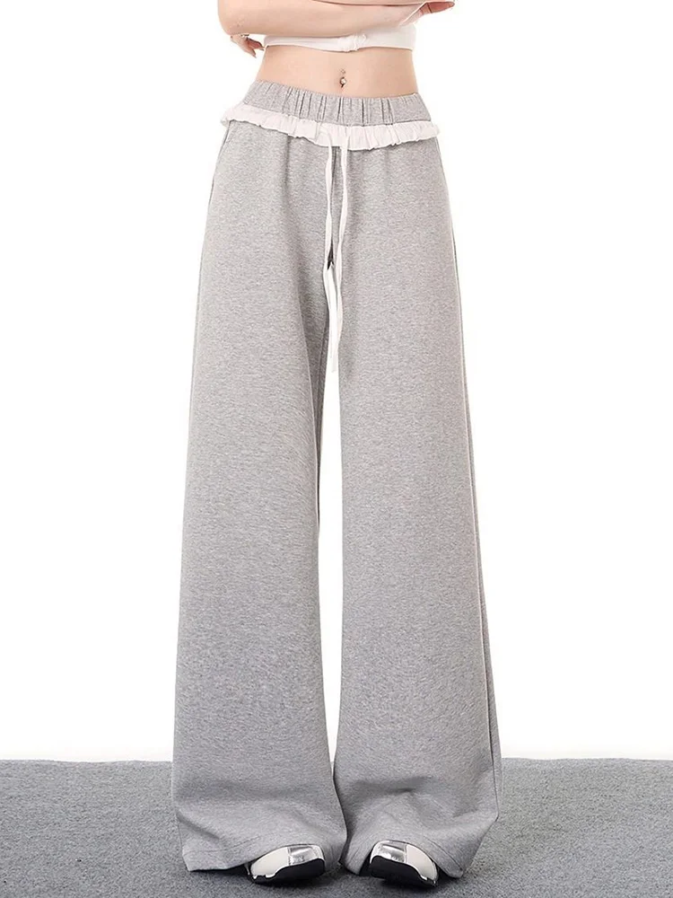 Zoki エレガントなヴィンテージグレースウェットパンツ女性ハイウエスト韓国甘いワイドレッグパンツ秋レトロルーズフリルポケット女性のズボン