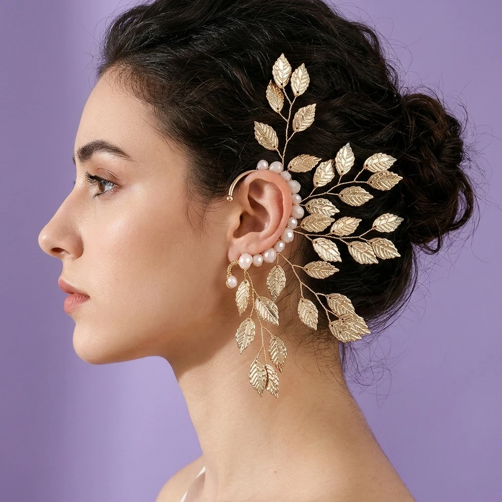 Elegante Ohrringe mit Blattmotiv und Perlen für Damen, Party- und Feiertags-Accessoires, goldene Luxus-Ohrklemmen als Geschenk 2026