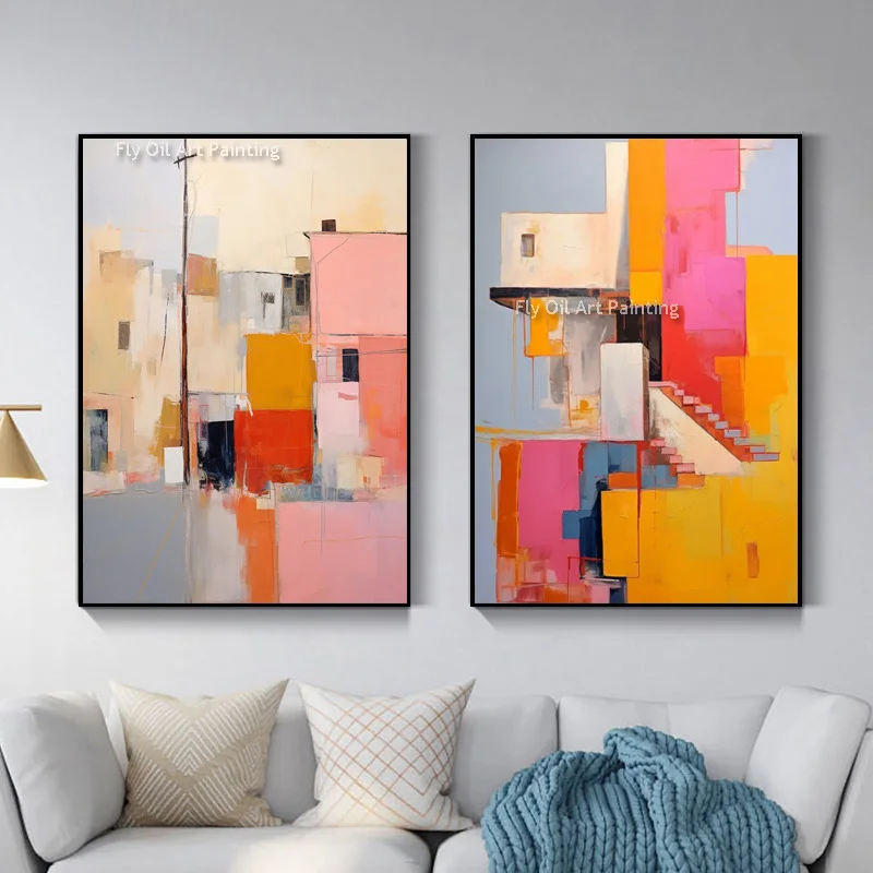 Beautiful Yellow And Beige Pink Buildings Abstract Oil Painting Handpainted New Design Set Of Two Building Scape Canvas Wall Art