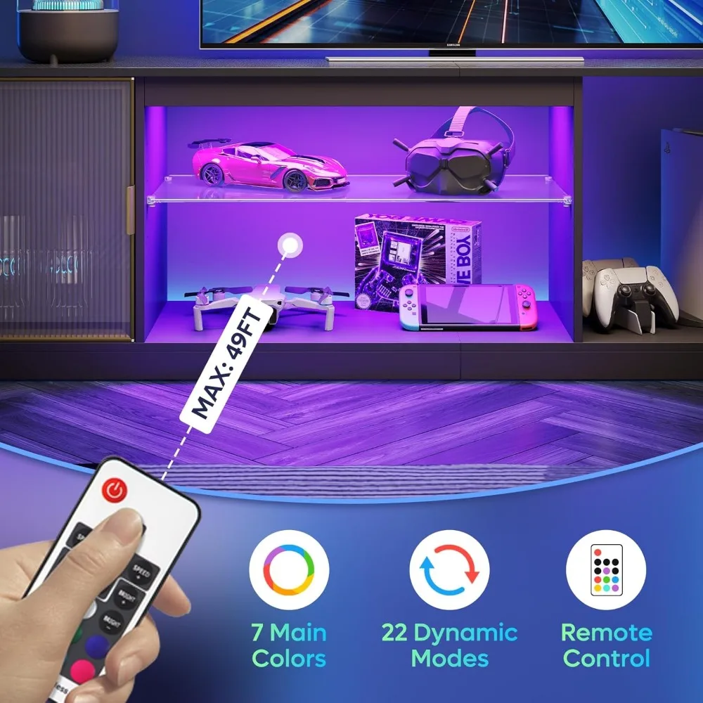 حامل تلفزيون حديث لأجهزة التلفاز مقاس 75-80 بوصة، ومركز ترفيه LED مع أبواب أكريليك وأرفف زجاجية قابلة للتعديل، وحدة تحكم 70 للوسائط