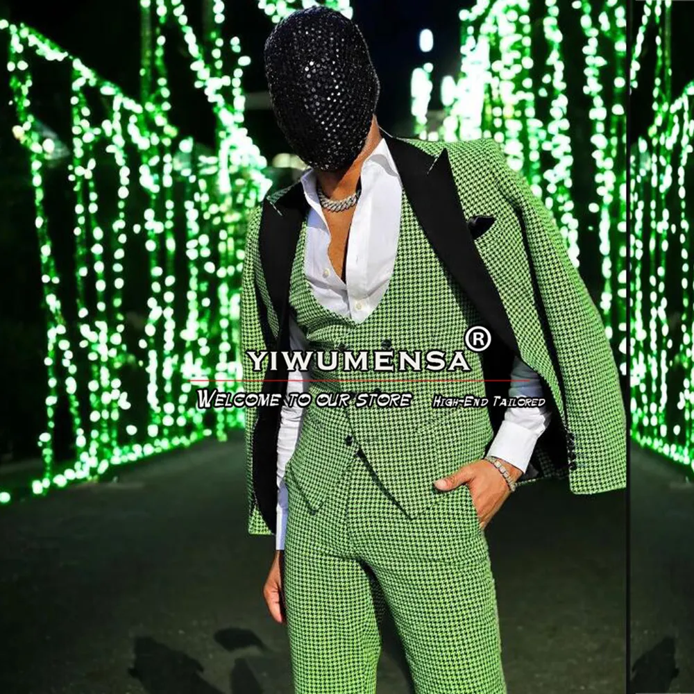 Tailor-Made Suits Men Green Plaid Check Blazer Vest Pants 3 Pieces Business Office Clothes Groom Wear Wedding Tuxedo Party Dress