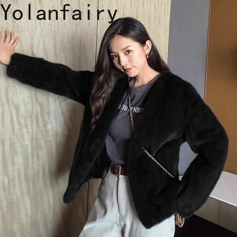YOLANFAIRY 신상 천연 밍크 퍼 자켓 여성용 리얼 퍼 코트 가을 겨울 고품질 숏 퍼 코트 여성 아우터웨어