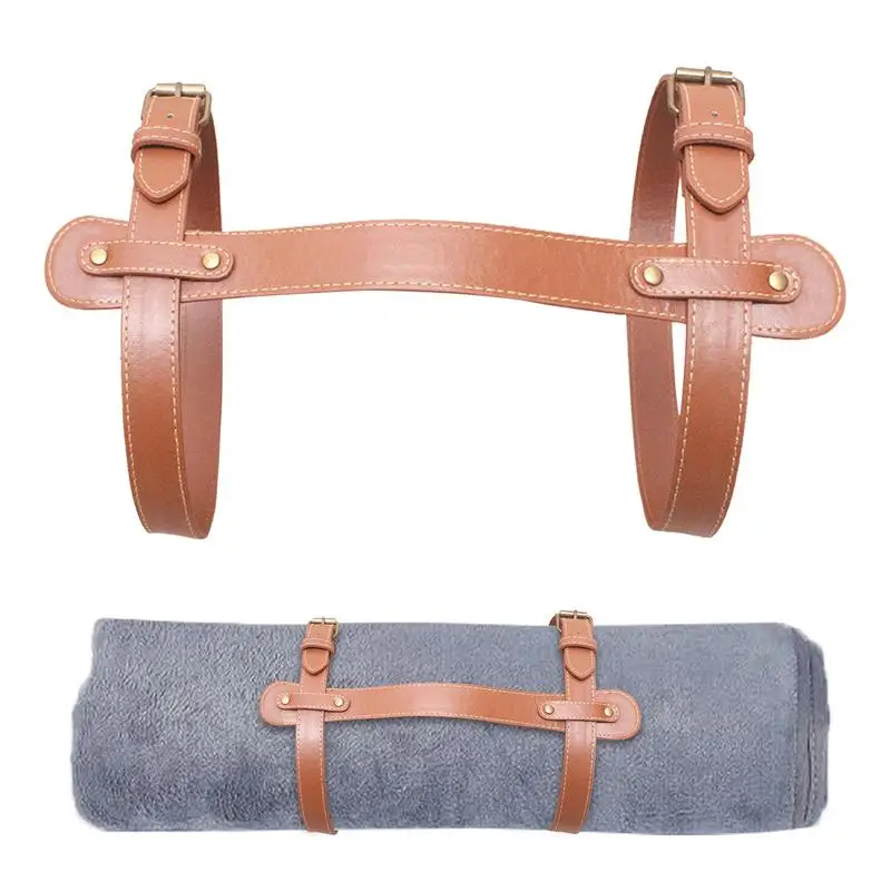 Blanket Strap H Shape Heavy Duty PU Leather Blanket Strap with Handle Adjustable Travel Rug Carrier Blanket Strap Cowboy Bed