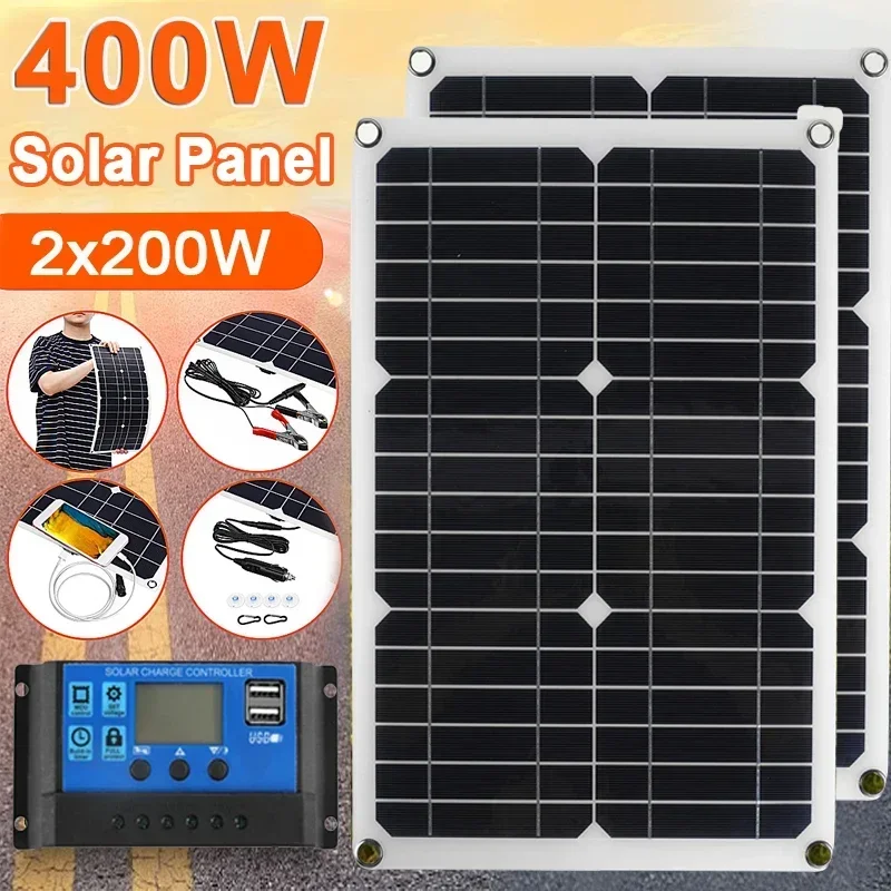 

200W 400W 18V Solar Panel Kit 12V Charge Battery with 30A 60A Controller USB Port Solar Cell Battery Power Bank for Phone RV Car