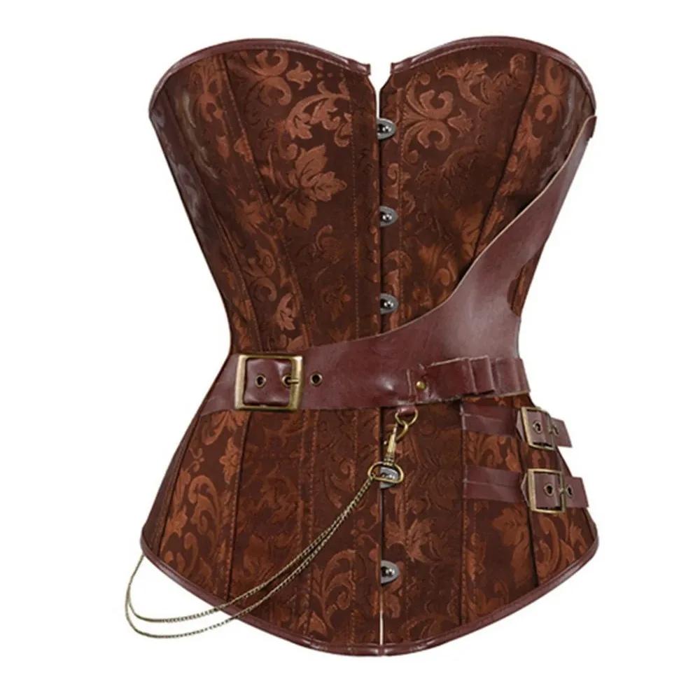Overbust Corset Top Pirate Jacquard Vintage Corsets for Women Lace Up Corset Belt Steampunk Cosplay Costume Brown