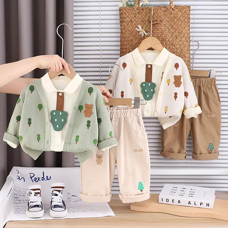 

Boys Clothing Sets Spring Autumn Children Woolen Jersey Sweaters Coats Shirts Pants 3pcs Fashion Suit For Baby Outfits Kids 3 5Y