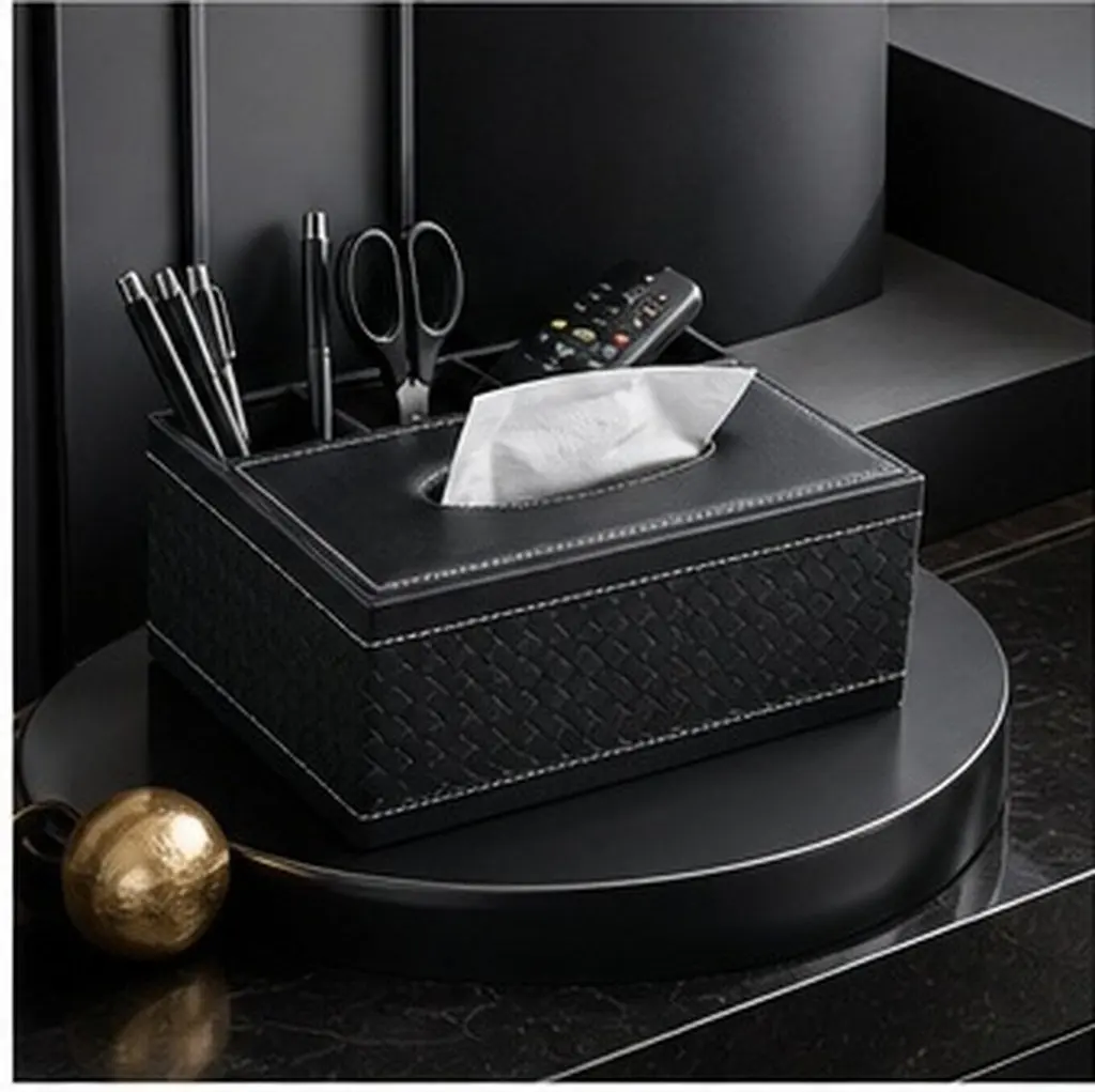 Multifunctional PU Desktop Organizer Tissue Box Braided Design Pencil Scissor Holder Remote Control Office Car