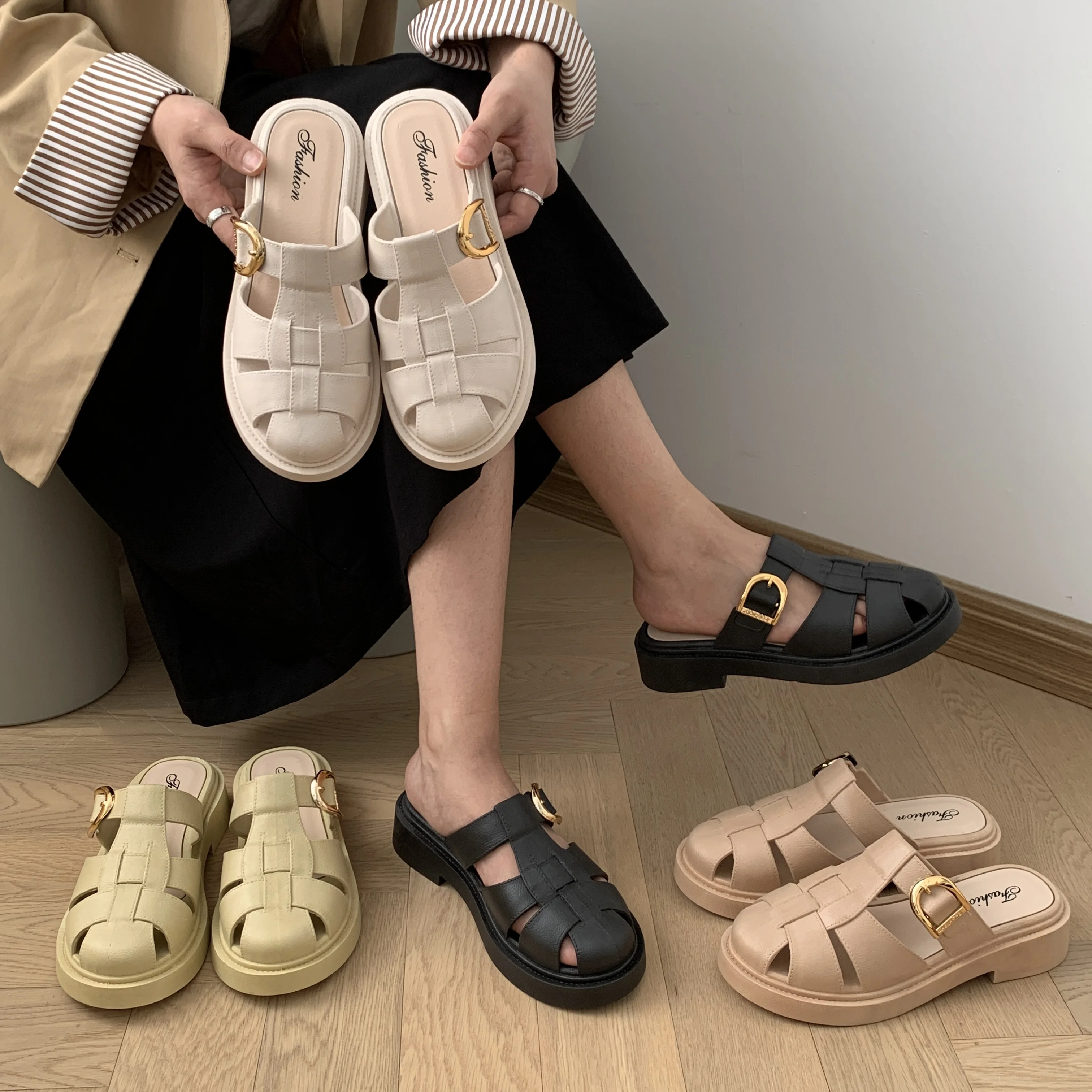 Women's New Summer PVC Slippers Casual Solid Color Fashion Sandals Flat Hollow Women's Shoes