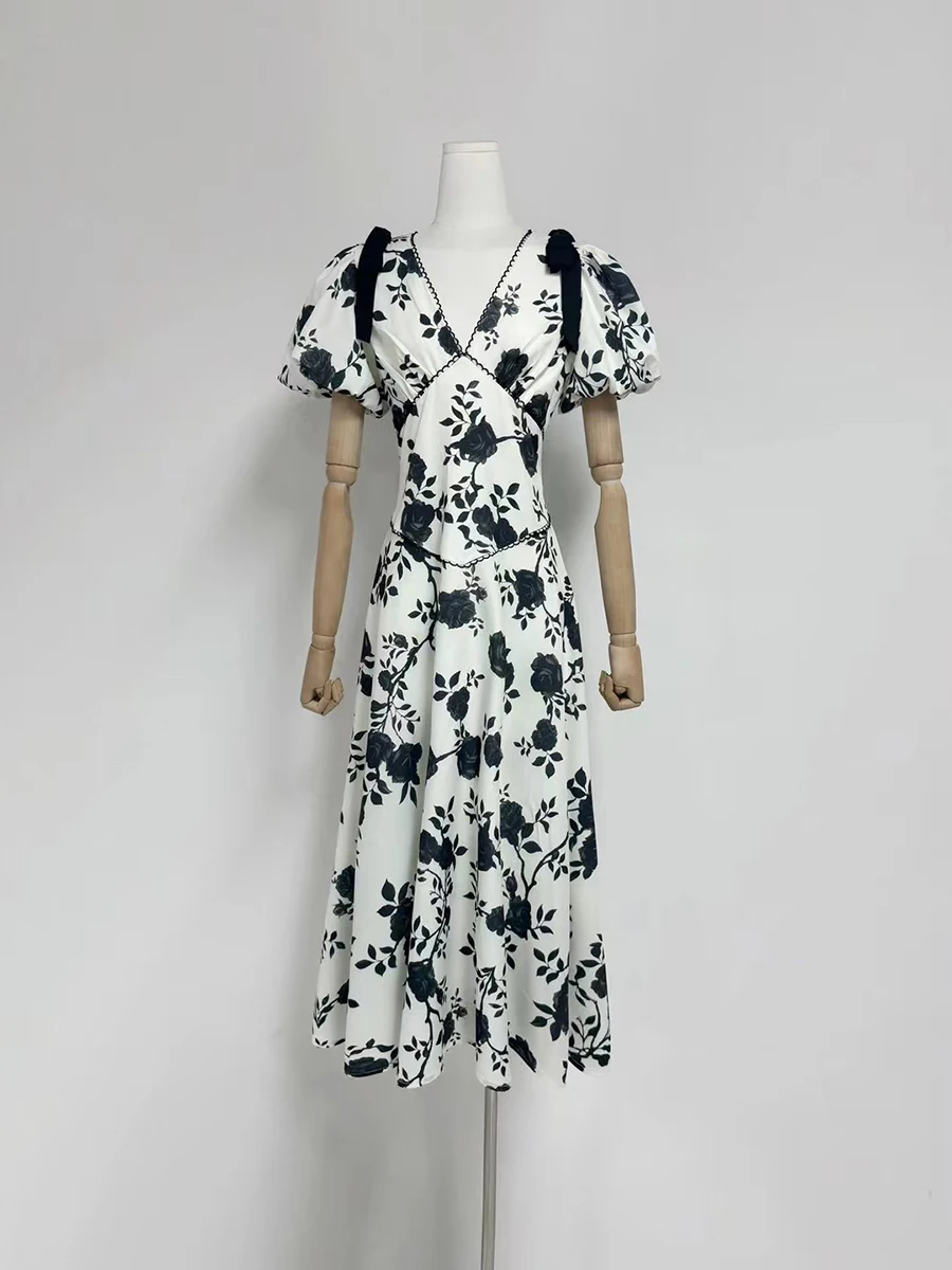VGH Casual Printing Slimming Long Dresses For Women V Neck Short Sleeve High Waist Temperament Draped Dress Female Fashion New
