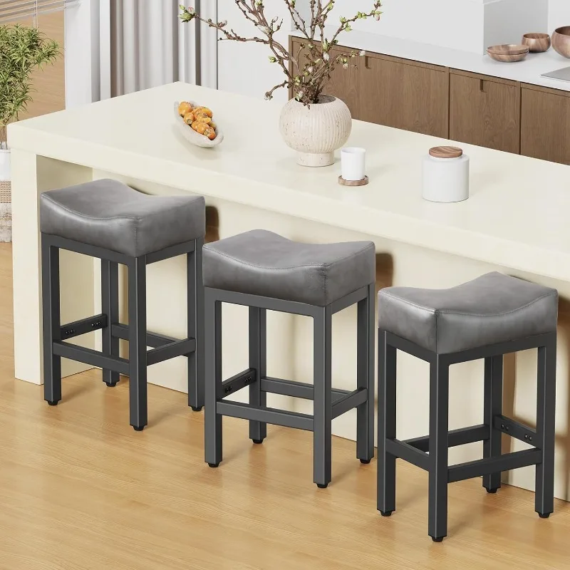 

Counter Height Bar Stools Set of 3, Bonded Leather Kitchen Stools with Thick Saddle Seats & Heavy Duty Metal Base