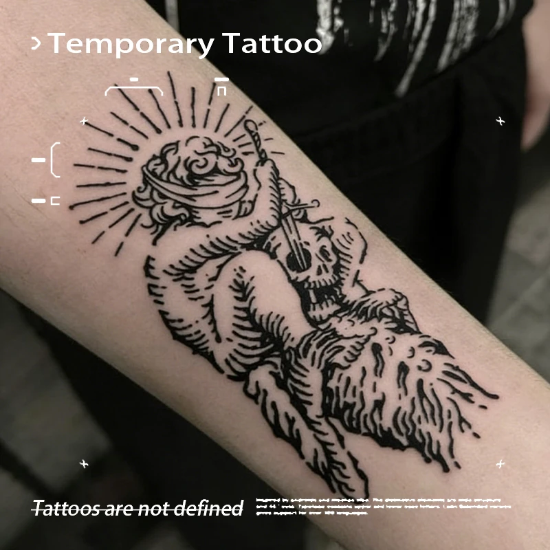 Herbal Juice Temporary Tattoo Stickers Waterproof Blind Justice Skeleton Fake Tattoo Art for Arm Dark Art Tattoo for Men Women