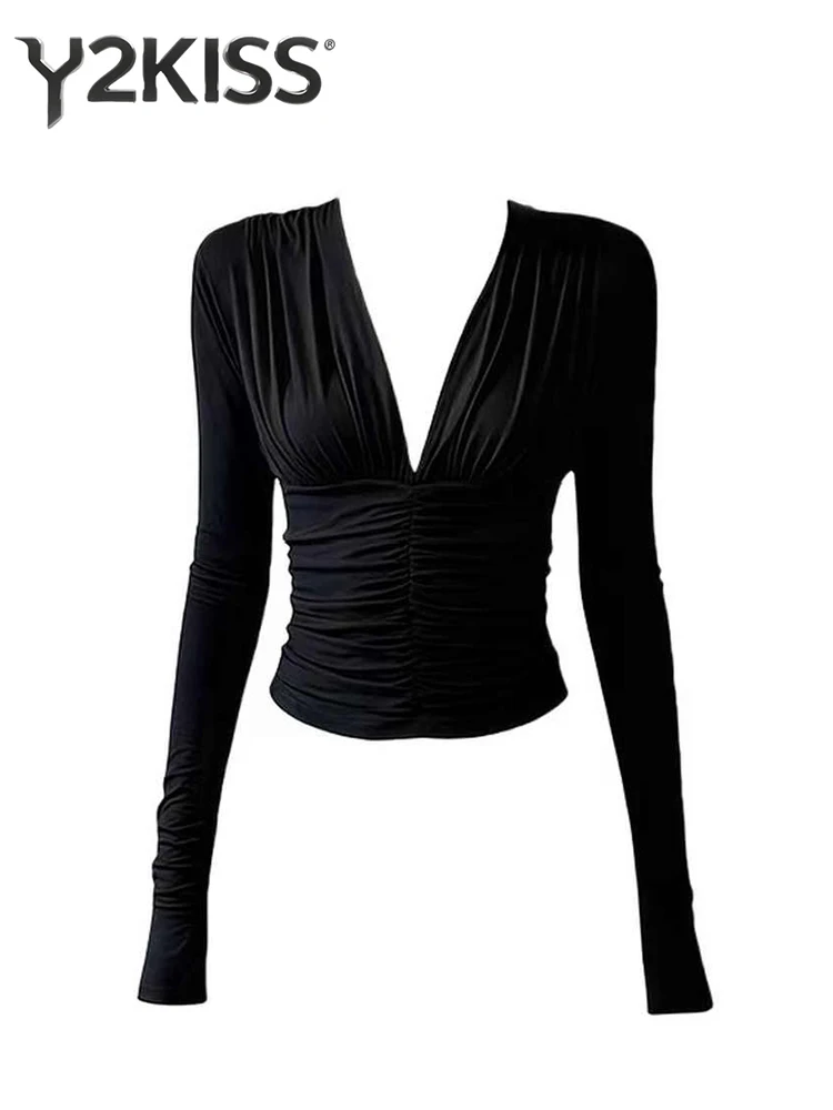 

Зимний женский французский винтажный укороченный топ с длинными рукавами, черные футболки с искусственным v-образным вырезом, корейские футболки Coquette Gyaru, новинка High Street