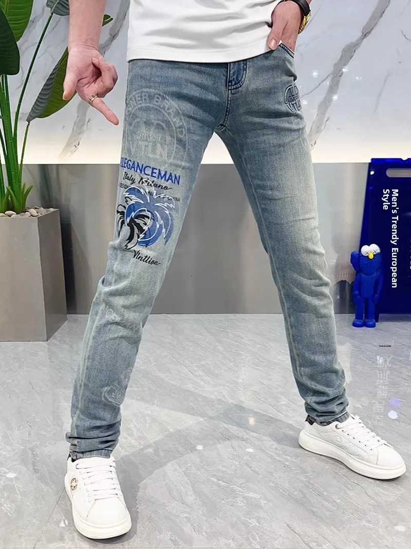 

Faionable Printed Comfortable Slim Fit Light Blue Men's Jeans Spring Summer Breathable Stretchy Long Pants Casual Youth Sle